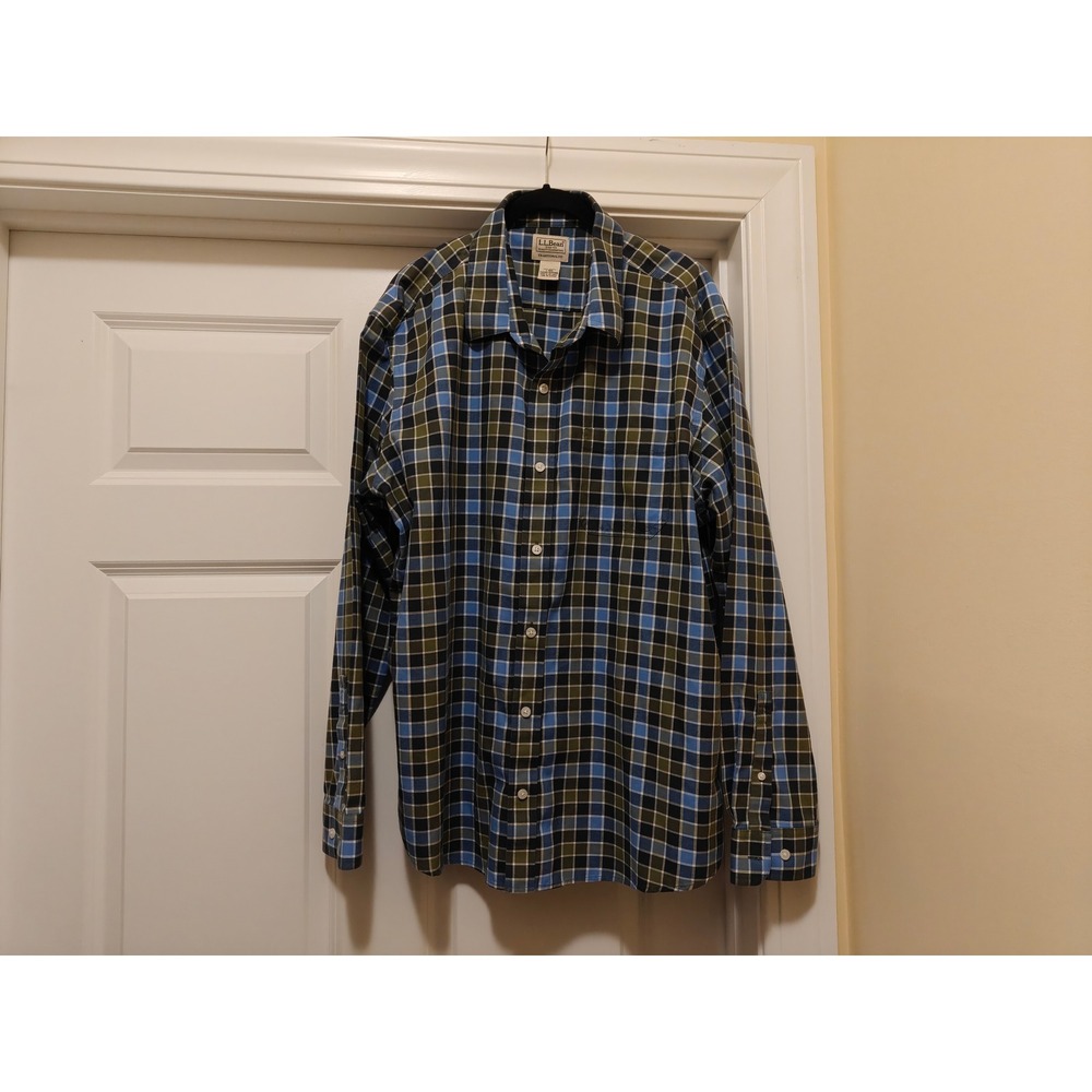 LL Bean Mens Large Traditional Fit Plaid Button Down Shirt‎ Blue Green 520396